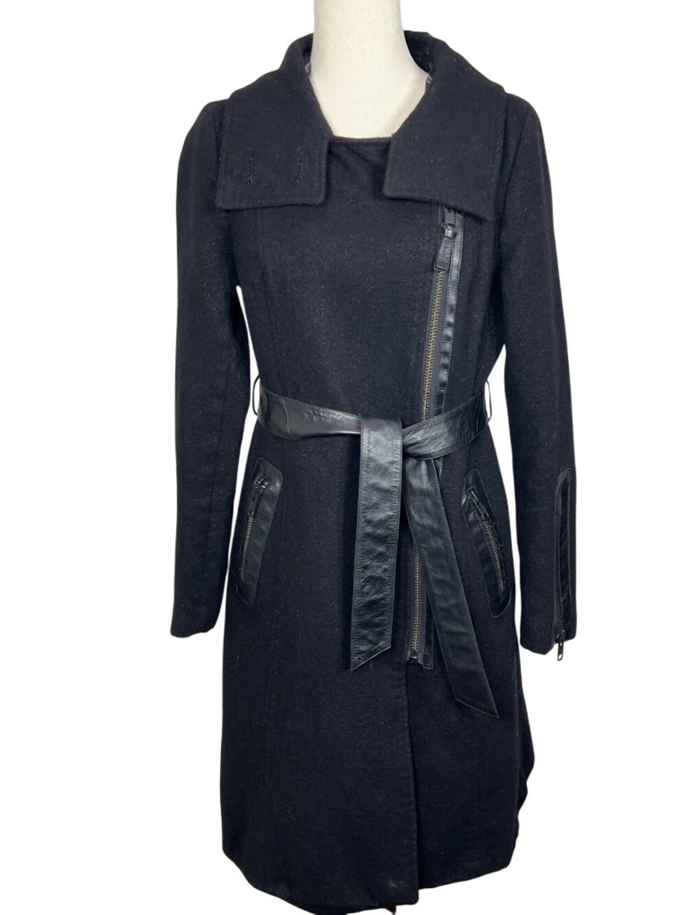 MACKAGE Estela Belted Trench Coat Wool Blend Black Sz L EUC